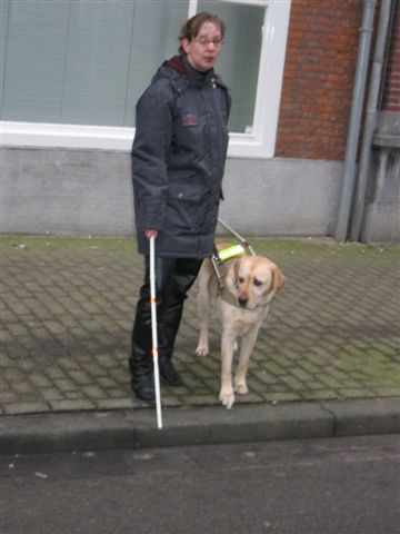 Kim en geleidehond Zeppo steken de straat over