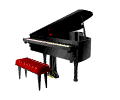 Piano, rood krukje en muzieknoten